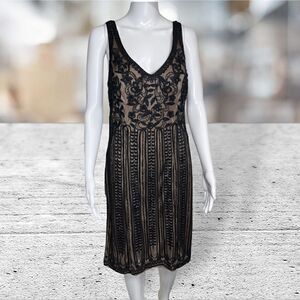 Sue Wong Black Embroidery & Beading Over Nude Lining Sleeveless Dress